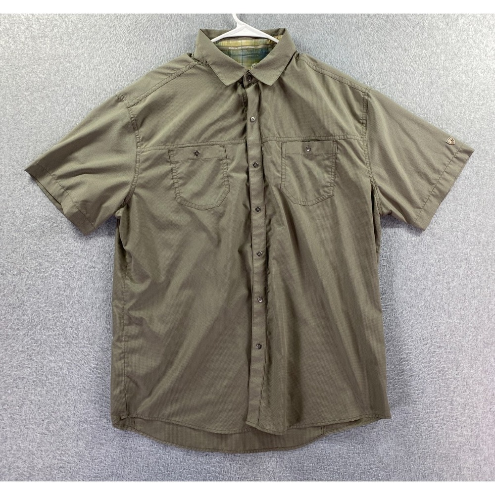 Kuhl Button Shirt Mens XL Green Checked Short Sleeve Logo Pockets Outdoors